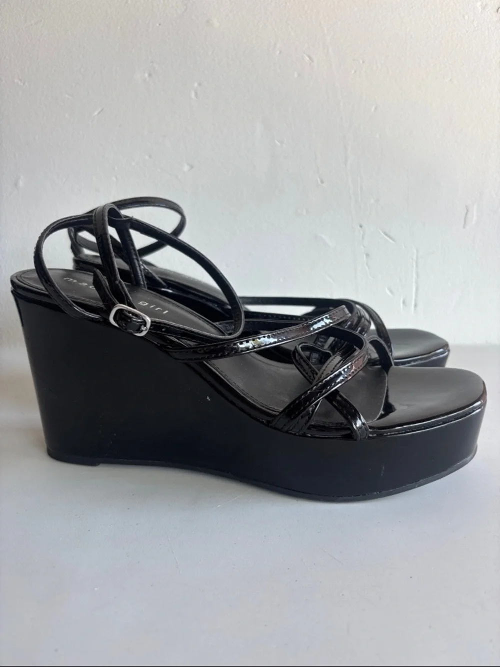 Madden Girl Mya Black Patent Wedge Sandals